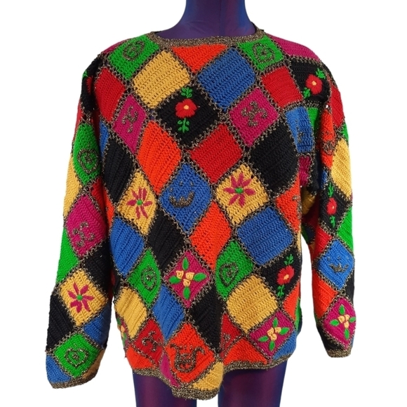 Vintage Jennifer Reed Hand Knit for The Limited Patchwork Afghan Sweater Small - Picture 1 of 10